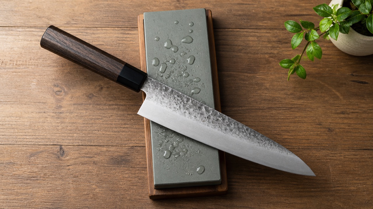 Cuchillo japonés sobre piedra de agua